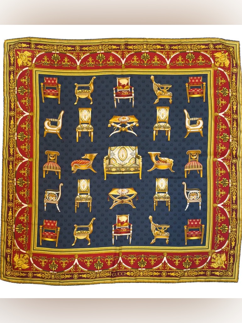 Vintage Gucci "Baroque Chairs" Silk Scarf